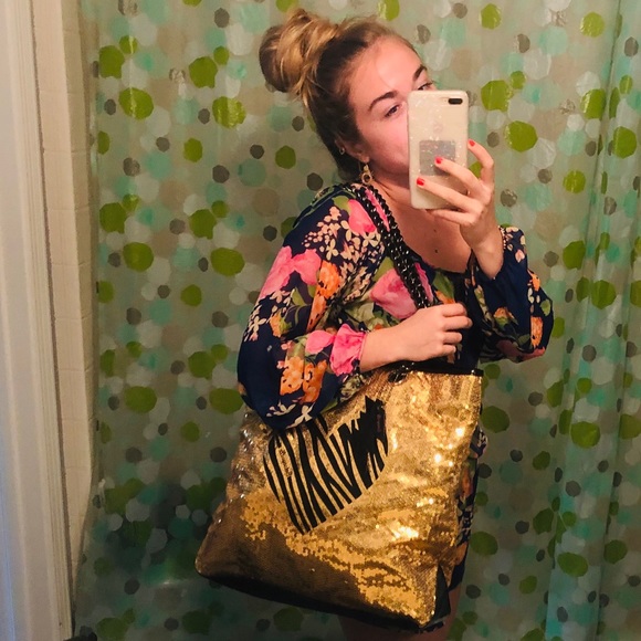 SOLD-Gold Sequins Betsey Johnson tote - Picture 2 of 5